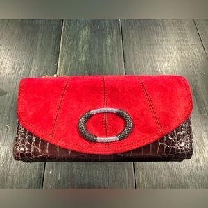 Brighton suede and leather wallet mock croc finish and decorative ring closure
